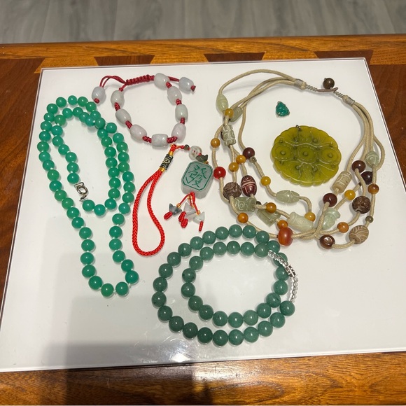 Jewelry - Mixed vintage jewelry lot carved jade & hard stone gemstone Chinese